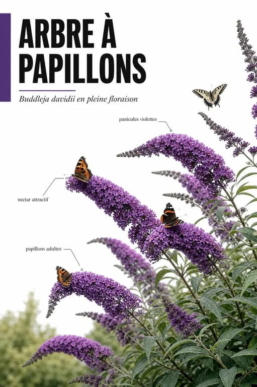 Arbre à papillon en floraison avec des papillons autour d’un arbuste Buddleja davidii
