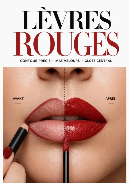 Maquillage rouge : application précise du rouge à lèvres avec crayon et gloss