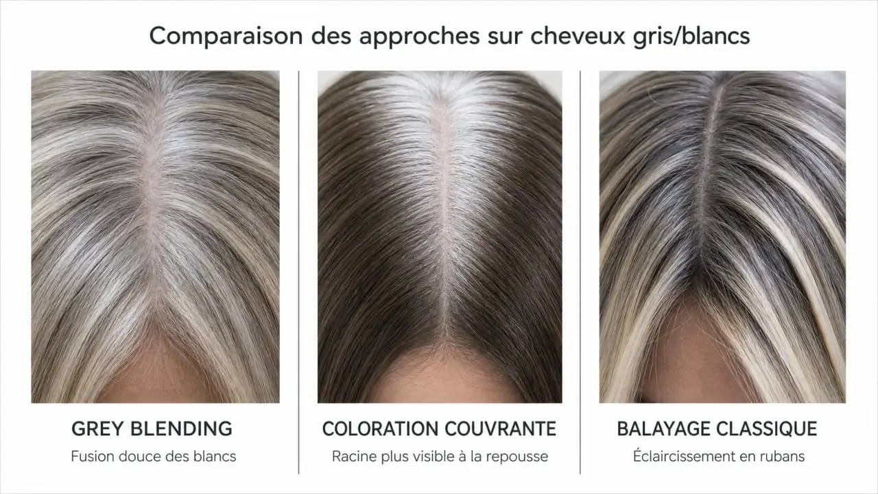 Grey blending comparé à une coloration couvrante et à un balayage classique sur cheveux blancs