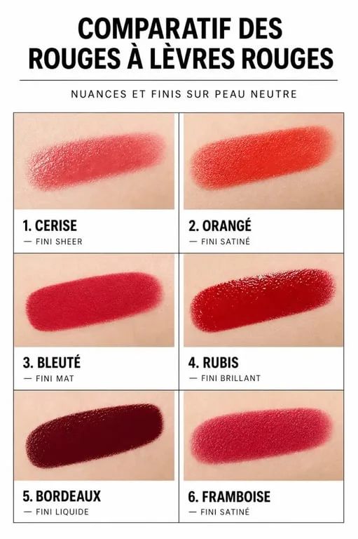 Maquillage rouge : comparaison des nuances et des finis de rouge à lèvres