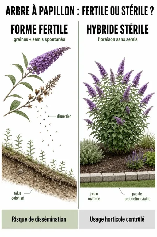 Comparatif de l’arbre à papillon entre forme fertile et hybride stérile