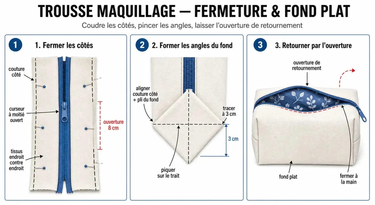 Tuto trousse maquillage : fermeture des côtés, angles nets et fond plat