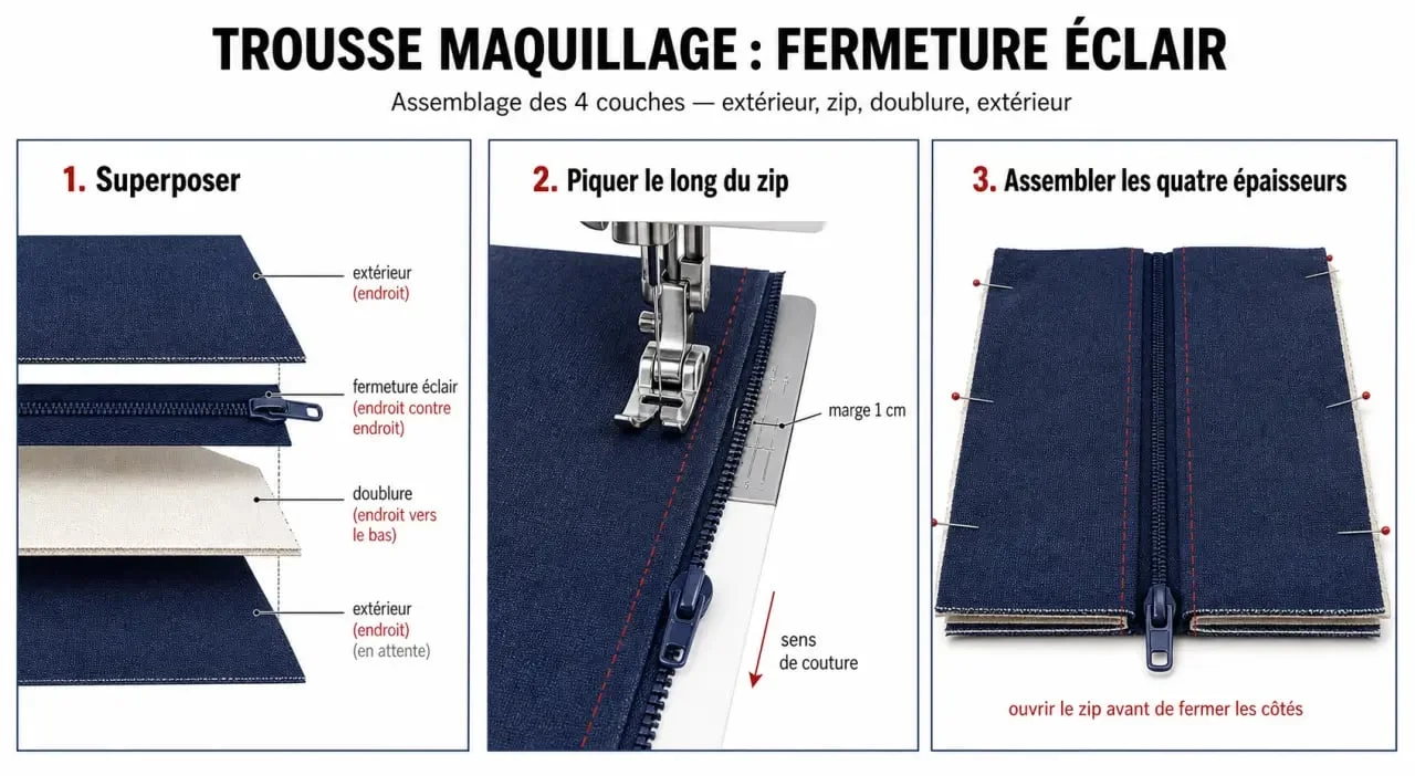 Tuto trousse maquillage : pose de la fermeture éclair et assemblage des tissus étape par étape
