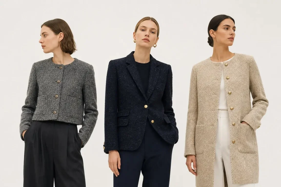 Veste en tweed : comparaison visuelle des coupes courte, blazer et longue