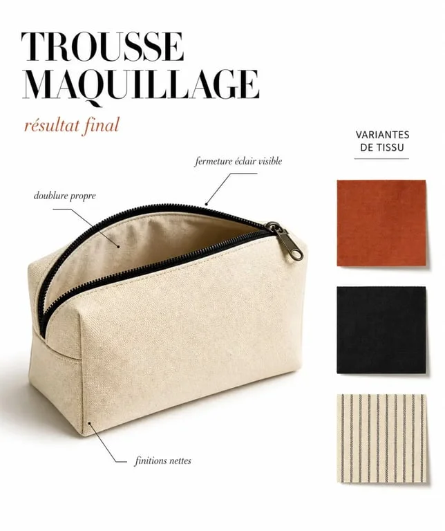 Tuto trousse maquillage : trousse finie doublée avec finitions propres