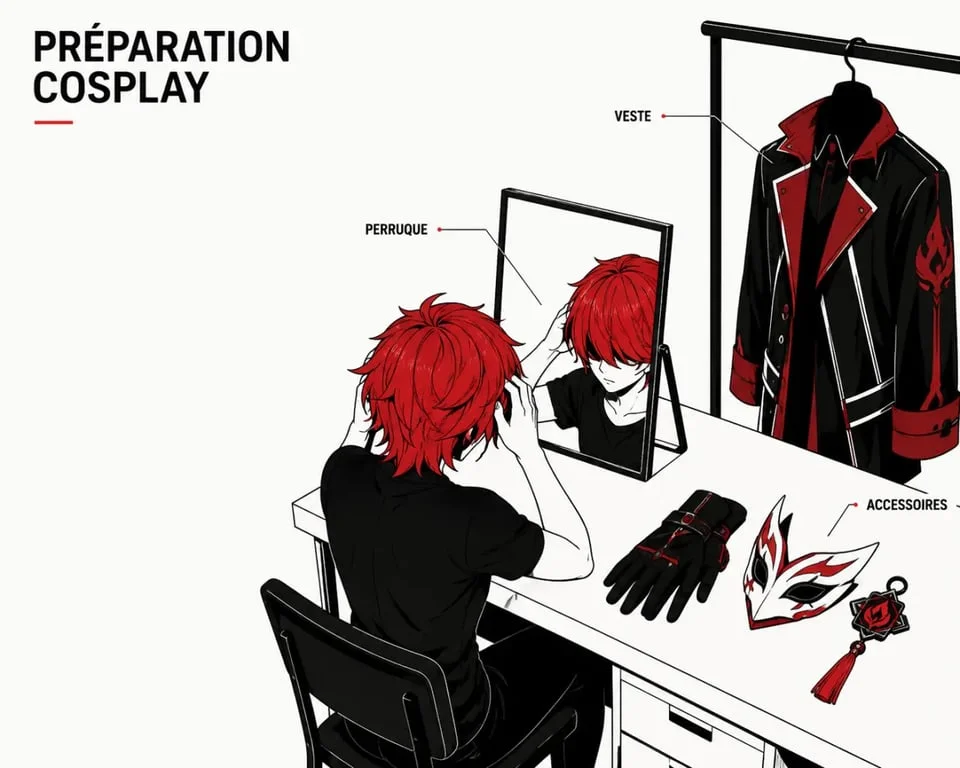 Déguisement manga en préparation avec perruque, veste reconnaissable et accessoires cosplay