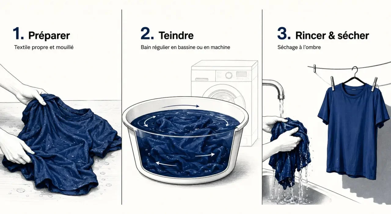 Teindre un vêtement à la maison en trois étapes : préparation, bain de teinture et rinçage