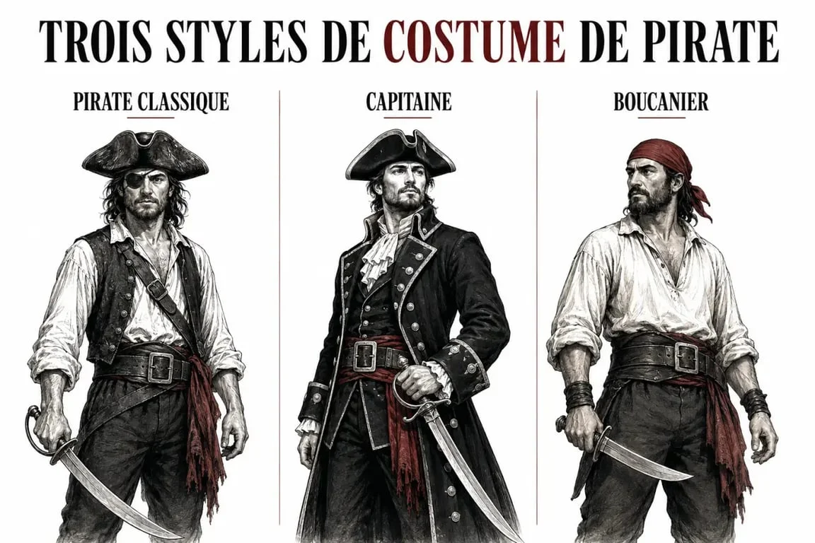 Pirates deguisement : comparaison visuelle de trois costumes de pirate avec chapeau tricorne, cache-œil et accessoires
