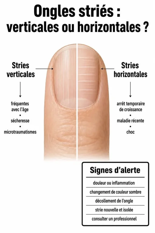 Ongles striés : comparaison visuelle entre stries verticales, stries horizontales et signes qui doivent faire consulter