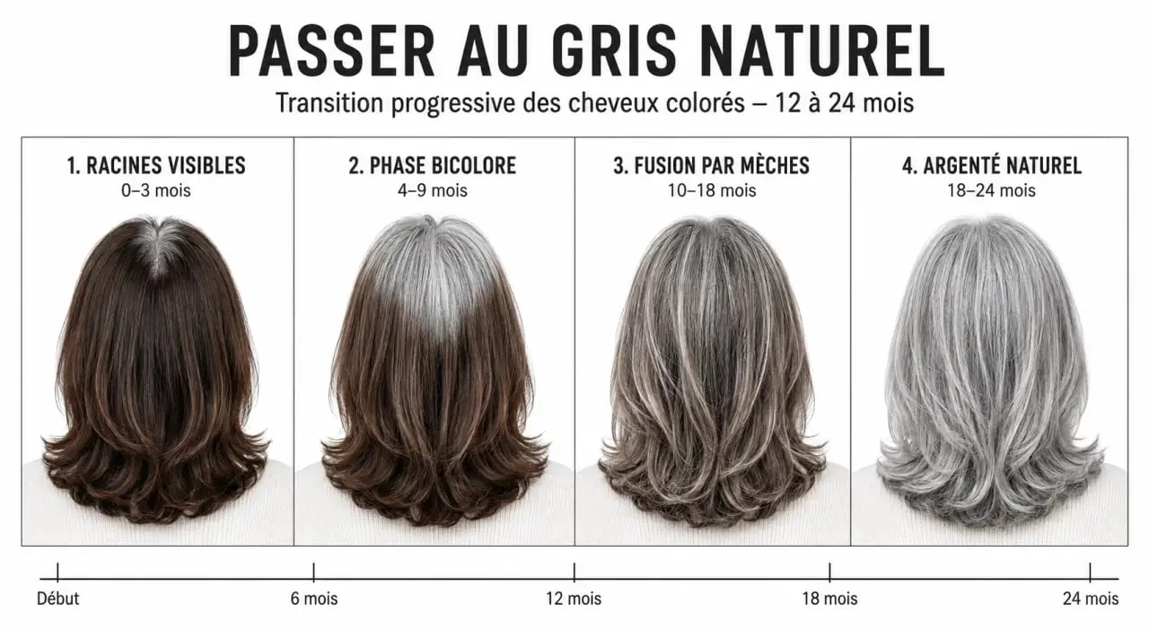 Transition des cheveux gris en 4 étapes, de la repousse colorée au rendu naturel